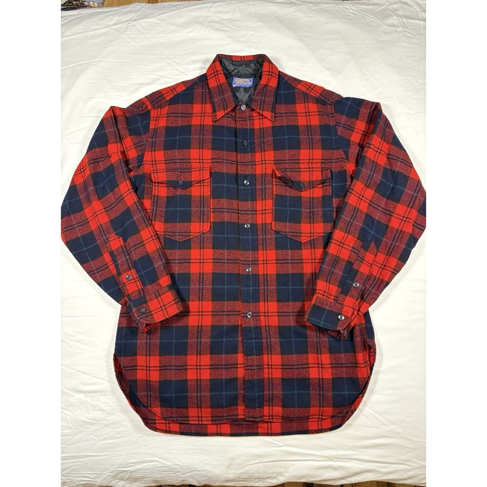 VTG 60s PENDLETON Board Shirt Red Black Plaid WOOL Loop Collar Large (16) MINT